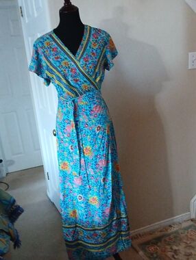 Turquoise Floral Wrap Maxi Dress with Tie Waist